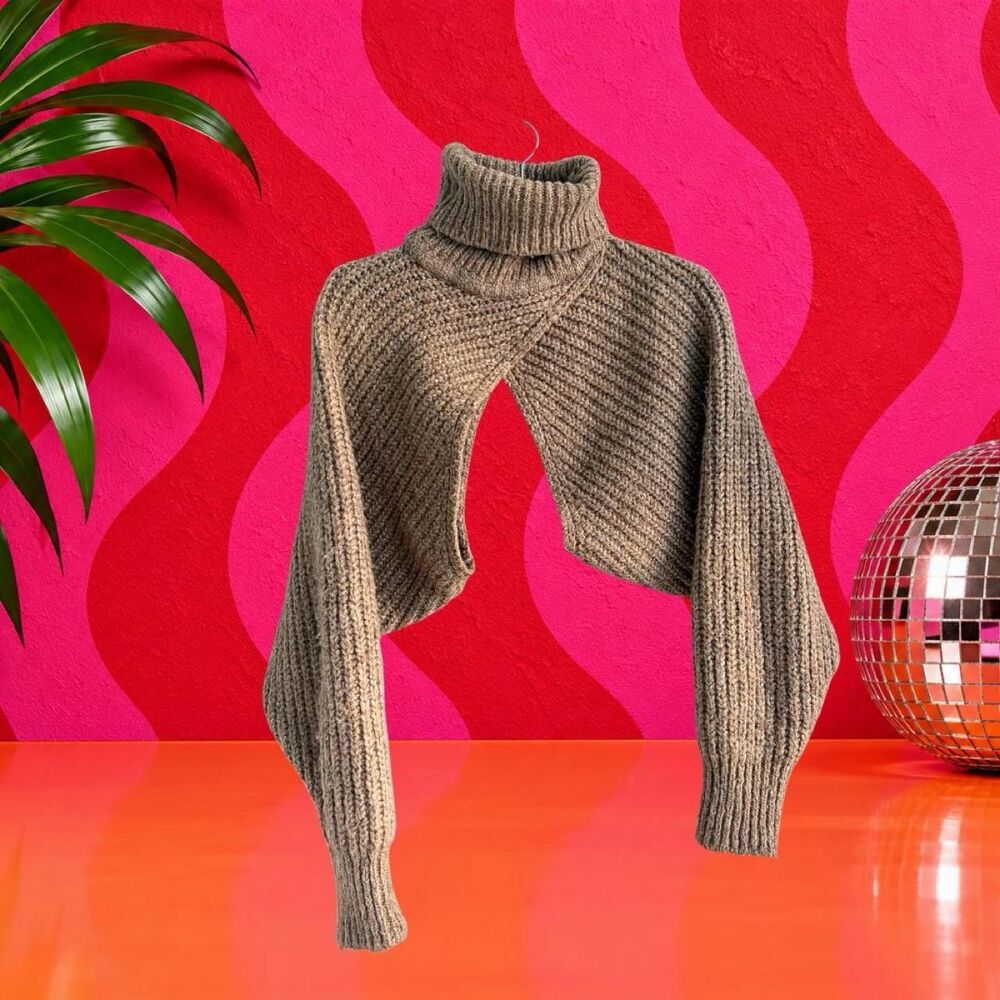 Zara Taupe Chunky Knit Turtleneck Shrug Cropped Sweater M